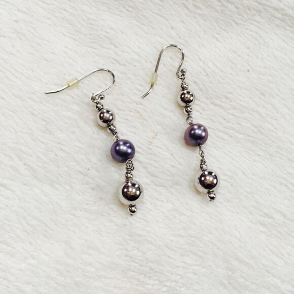 Silver Bead and Blue Pearl Drop Earrings | Sz OS - Picture 2 of 2